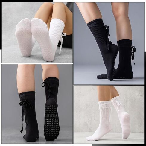4 Pairs Ballet Tie Non-slip Socks for Women Grippy Yoga Crew Sock Tie-up Yoga Pilates Socks for Barre Dance Workout House in Kuwait
