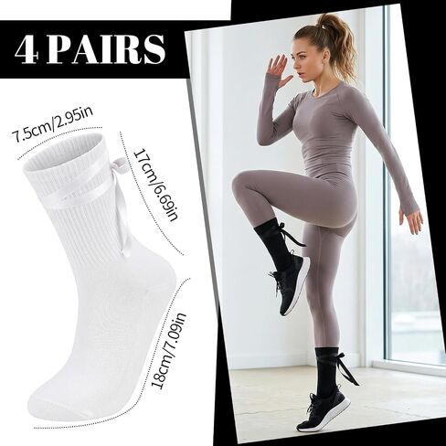 4 Pairs Ballet Tie Non-slip Socks for Women Grippy Yoga Crew Sock Tie-up Yoga Pilates Socks for Barre Dance Workout House in Kuwait