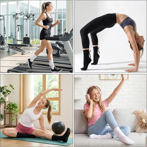 4 Pairs Ballet Tie Non-slip Socks for Women Grippy Yoga Crew Sock Tie-up Yoga Pilates Socks for Barre Dance Workout House in Kuwait