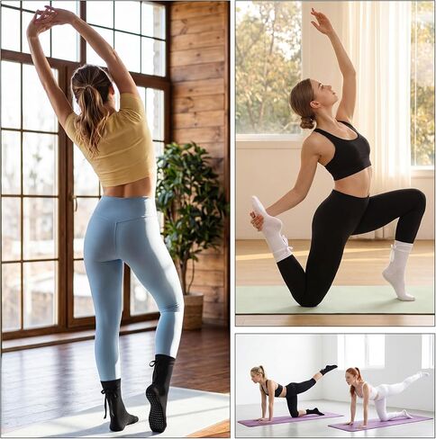 4 Pairs Ballet Tie Non-slip Socks for Women Grippy Yoga Crew Sock Tie-up Yoga Pilates Socks for Barre Dance Workout House in Kuwait