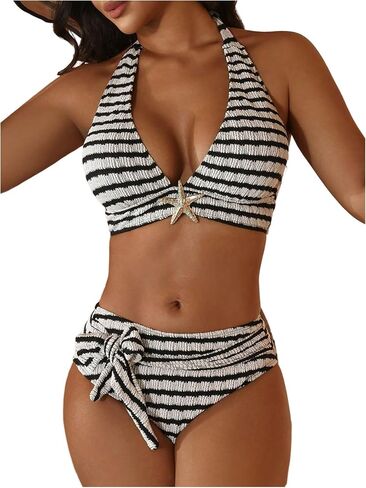 SHENHE Women's Striped Halter Bikini Set High Waisted Starfish Deep V Bikini Set 2 Piece in Kuwait