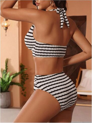 SHENHE Women's Striped Halter Bikini Set High Waisted Starfish Deep V Bikini Set 2 Piece in Kuwait