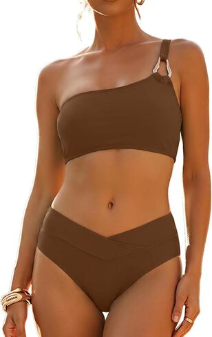 Women's High Waisted Bikini Sets One Shoulder 2 Piece Swimsuit with Classic Full Coverage Bottom in Saudi Arabia