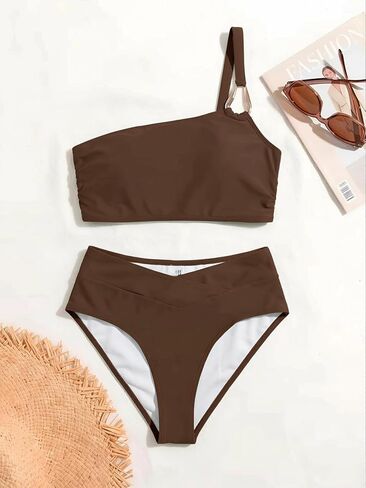 Women's High Waisted Bikini Sets One Shoulder 2 Piece Swimsuit with Classic Full Coverage Bottom in Saudi Arabia