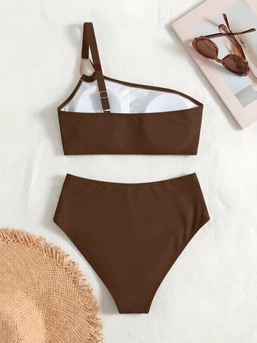 Women's High Waisted Bikini Sets One Shoulder 2 Piece Swimsuit with Classic Full Coverage Bottom in Saudi Arabia