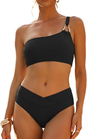 Women's High Waisted Bikini Sets One Shoulder 2 Piece Swimsuit with Classic Full Coverage Bottom in Saudi Arabia