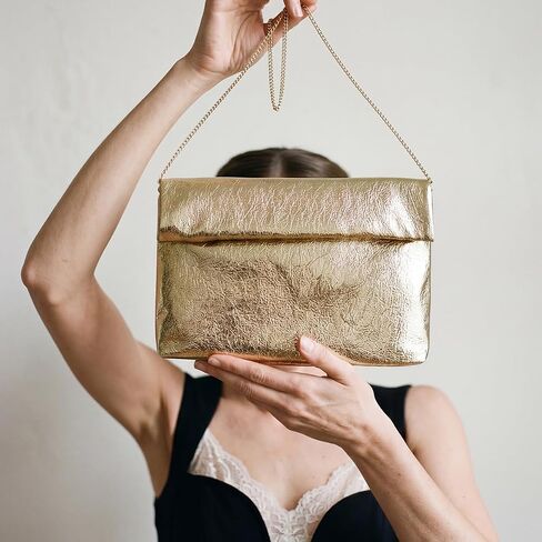 Women's Evening Clutch Bag Metallic Crinkled Leather Clutch Purse, Fold-over Handbag Envelope Purse in Saudi Arabia