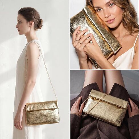 Women's Evening Clutch Bag Metallic Crinkled Leather Clutch Purse, Fold-over Handbag Envelope Purse in Saudi Arabia