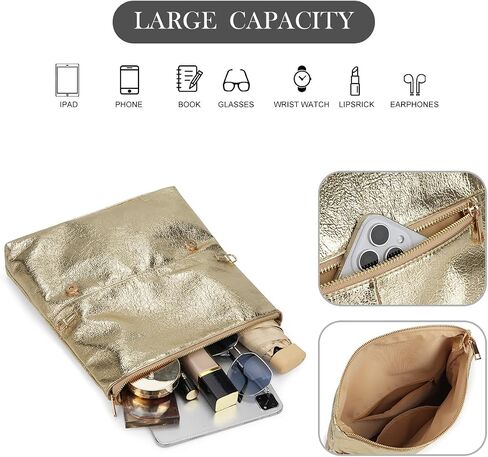 Women's Evening Clutch Bag Metallic Crinkled Leather Clutch Purse, Fold-over Handbag Envelope Purse in Saudi Arabia