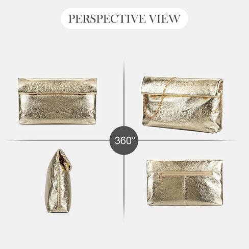 Women's Evening Clutch Bag Metallic Crinkled Leather Clutch Purse, Fold-over Handbag Envelope Purse in Saudi Arabia