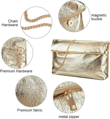 Women's Evening Clutch Bag Metallic Crinkled Leather Clutch Purse, Fold-over Handbag Envelope Purse in Saudi Arabia