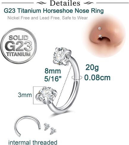 Longita Titanium Horseshoe Nose Ring for Women Double Gem Horse Shoe Nose Ring Hoop 20g 18 gauge 8mm Surgical Steel Silver Gold Cartilage Helix Tragus Earring Labret Lip Piercing Jewelry Septum Rings in Saudi Arabia
