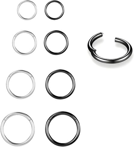 4/8Pcs 20G 18G 16G Nose Rings Hoops Surgical Steel Nose Ring Seamless Hinged Clicker Segment Septum Lip Rings Conch Tragus Cartilage Daith Rook Piercing Jewelry for Women Silver Black Gold 6mm 8mm 10mm 12mm in Saudi Arabia