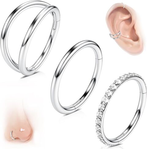 WYR 3Pcs Titanium Nose Rings for Women: Seamless Septum Ring CZ & Double Hoop Clicker Conch Earrings Cartilage Piercing Jewelry 16G 18G 20G (7mm 8mm 10mm) in Saudi Arabia