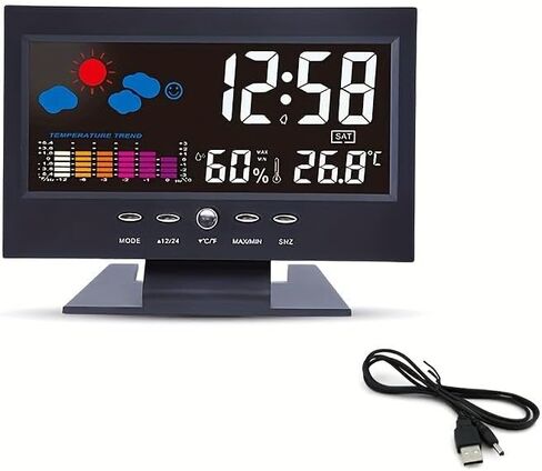 Digital Weather Clock with Voice-Activated Backlight Temperature Humidity Forecast 12/24H Alarm for Bedroom Office Home, Black in Kuwait