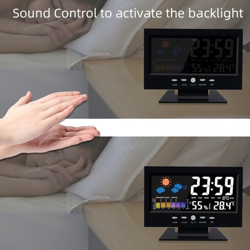 Digital Weather Clock with Voice-Activated Backlight Temperature Humidity Forecast 12/24H Alarm for Bedroom Office Home, Black in Kuwait