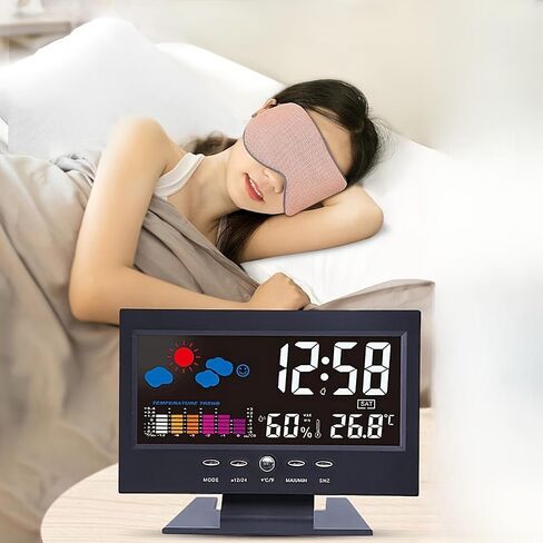 Digital Weather Clock with Voice-Activated Backlight Temperature Humidity Forecast 12/24H Alarm for Bedroom Office Home, Black in Kuwait