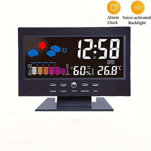 Digital Weather Clock with Voice-Activated Backlight Temperature Humidity Forecast 12/24H Alarm for Bedroom Office Home, Black in Kuwait
