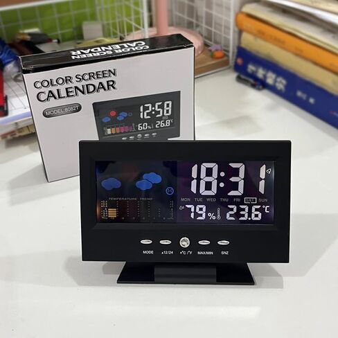 Digital Weather Clock with Voice-Activated Backlight Temperature Humidity Forecast 12/24H Alarm for Bedroom Office Home, Black in Kuwait