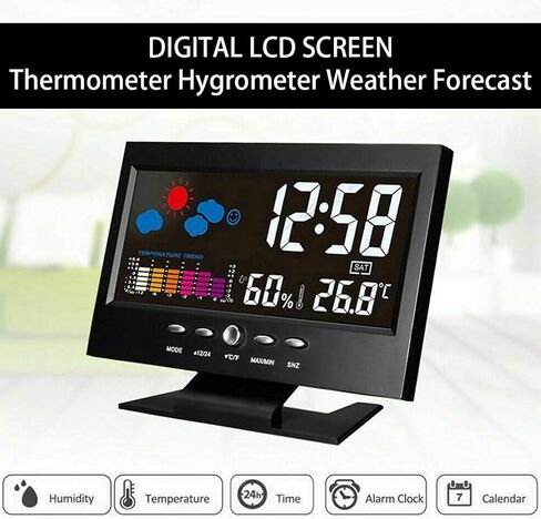 SUNGOOYUE Digital Weather Clock, Colorful Display Temperature Humidity Meter with Alarm Snooze Comfort Level, for Home Office Wall Desk (Black) in Kuwait