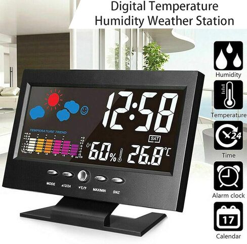 SUNGOOYUE Digital Weather Clock, Colorful Display Temperature Humidity Meter with Alarm Snooze Comfort Level, for Home Office Wall Desk (Black) in Kuwait