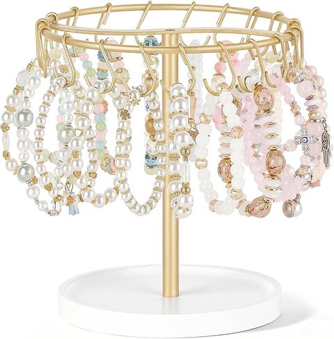 Mkono Bracelet Holder Gold Bracelet Display Stand with Tray Metal Jewelry Organizer with 40 hooks Modern Storage Rack for KeyChain Accessories Selling Bedroom Decor Dressing Table in Kuwait