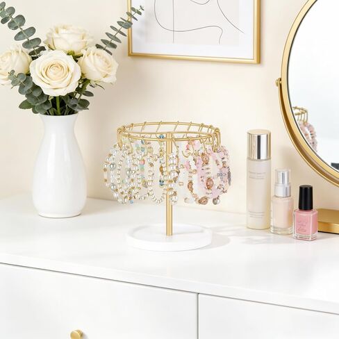 Mkono Bracelet Holder Gold Bracelet Display Stand with Tray Metal Jewelry Organizer with 40 hooks Modern Storage Rack for KeyChain Accessories Selling Bedroom Decor Dressing Table in Kuwait