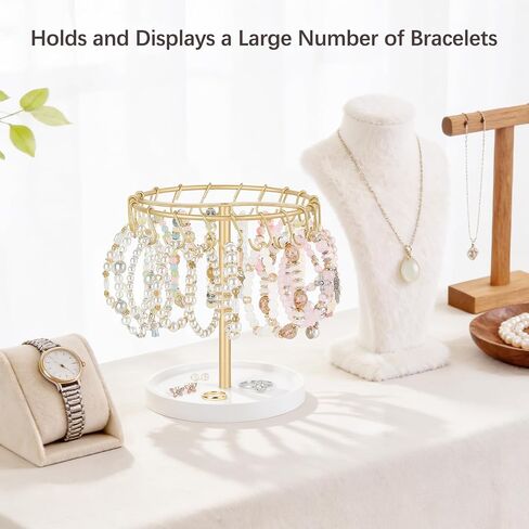 Mkono Bracelet Holder Gold Bracelet Display Stand with Tray Metal Jewelry Organizer with 40 hooks Modern Storage Rack for KeyChain Accessories Selling Bedroom Decor Dressing Table in Kuwait