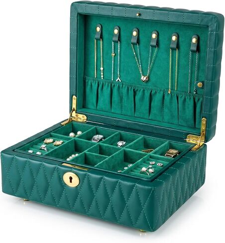 Genuine Leather Jewelry Box – 3 Layer Large Jewelry Organizer with Mirror, Lockable Jewelry Box for Women – Necklace, Ring, Earring Organizer with Drawer - Gifts(Blue) in Kuwait