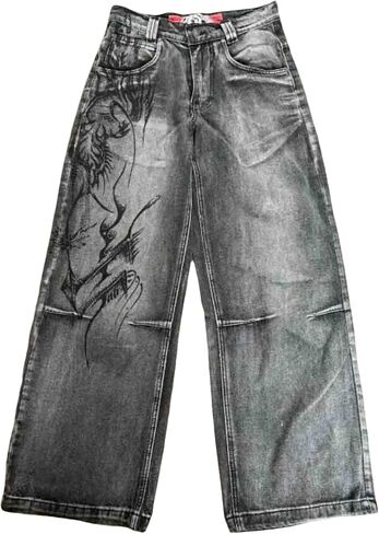Hip hop Men's and Women's Retro Printed Jeans Street Hip-hop Y2K Gothic Straight Leg Loose Wide Leg Pants in Saudi Arabia