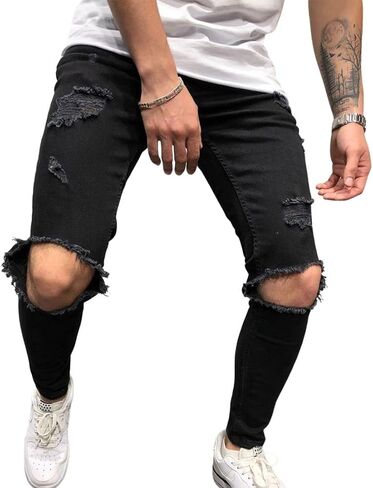 ebossy Mens Ripped Destroyed Jean Ditressed Slim Tapered Leg Washed Denim Pants in Kuwait