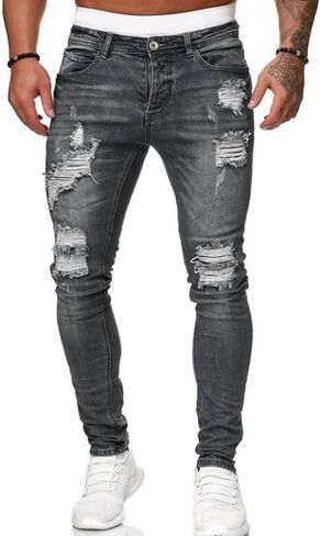 Men’s Ripped Distressed Destroyed Slim Fit Jeans Stretch Denim Pants Casual Skinny Trousers Daily Wear in Kuwait