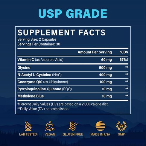 Methylene Blue Pharmaceutical Grade Capsules – USP Grade Brain Supplement with CoQ10, NAC, PQQ, Glycine & Vitamin C for Memory, Focus, Energy & Mitochondrial, No Formaldehyde - 60 Count in Kuwait