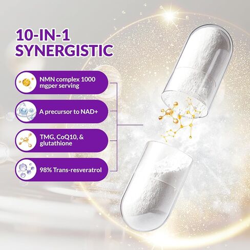 NMN Supplement - 10-in-1 with Nicotinamide Mononucleotide, Resveratrol, TMG & Quercetin & Glutathione, NAD+ Supplement Precursor, for Healthy Cellular, Aging, Energy, 120 Vegan Non-GMO Capsules in Kuwait