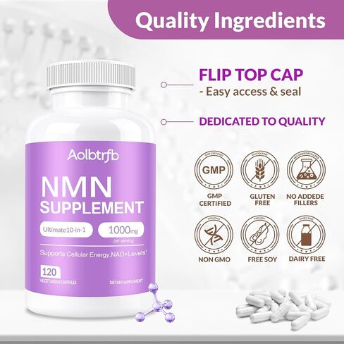 NMN Supplement - 10-in-1 with Nicotinamide Mononucleotide, Resveratrol, TMG & Quercetin & Glutathione, NAD+ Supplement Precursor, for Healthy Cellular, Aging, Energy, 120 Vegan Non-GMO Capsules in Kuwait