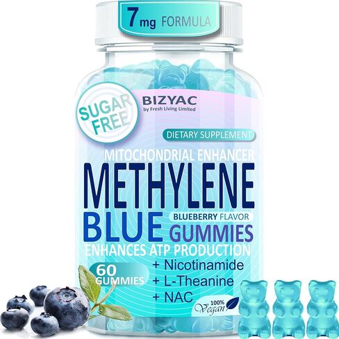 Methylene Blue Gummies 7mg, Methylene Blue for Humans Supplement w/NAC, VIT B3 & L-Theanine, Brain & Mitochondrial Support, Enhances Energy, Focus and Cognitive, Sugar Free, 60 Ct in Saudi Arabia