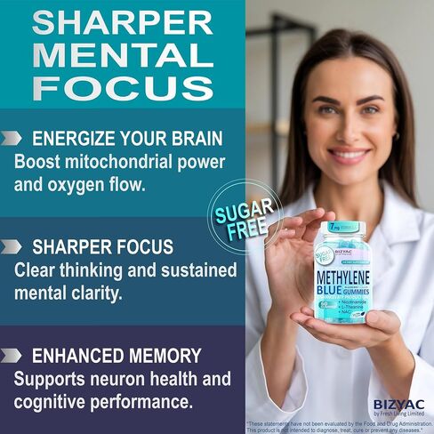Methylene Blue Gummies 7mg, Methylene Blue for Humans Supplement w/NAC, VIT B3 & L-Theanine, Brain & Mitochondrial Support, Enhances Energy, Focus and Cognitive, Sugar Free, 60 Ct in Saudi Arabia