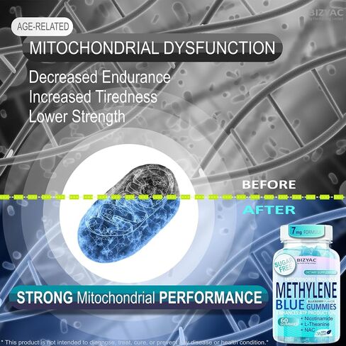 Methylene Blue Gummies 7mg, Methylene Blue for Humans Supplement w/NAC, VIT B3 & L-Theanine, Brain & Mitochondrial Support, Enhances Energy, Focus and Cognitive, Sugar Free, 60 Ct in Saudi Arabia
