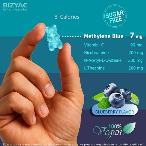 Methylene Blue Gummies 7mg, Methylene Blue for Humans Supplement w/NAC, VIT B3 & L-Theanine, Brain & Mitochondrial Support, Enhances Energy, Focus and Cognitive, Sugar Free, 60 Ct in Saudi Arabia