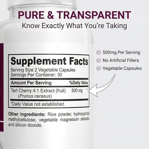 Tart Cherry Extract Capsules – 4:1 Concentrated Equivalent to 2,000 mg Whole Tart Cherry per Serving – Uric Acid, Joint & Sleep Support – Antioxidant Polyphenol Formula, Non-GMO, 60 Vegetable Capsules in Saudi Arabia