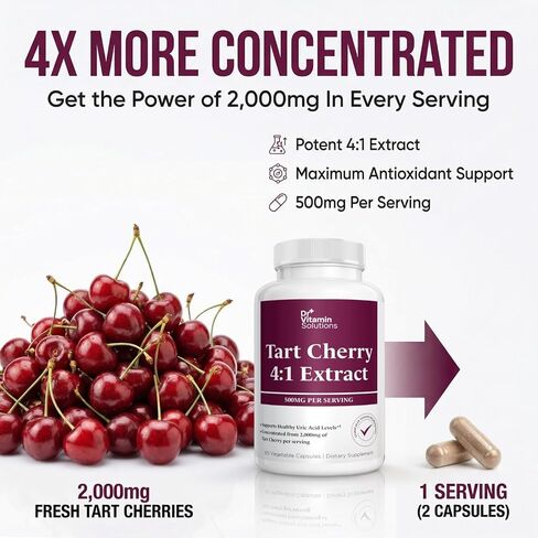 Tart Cherry Extract Capsules – 4:1 Concentrated Equivalent to 2,000 mg Whole Tart Cherry per Serving – Uric Acid, Joint & Sleep Support – Antioxidant Polyphenol Formula, Non-GMO, 60 Vegetable Capsules in Saudi Arabia