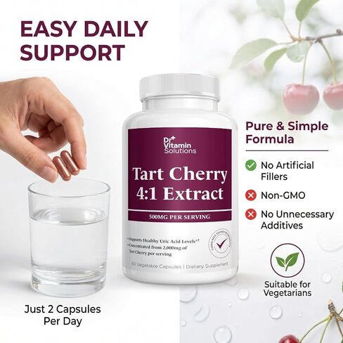 Tart Cherry Extract Capsules – 4:1 Concentrated Equivalent to 2,000 mg Whole Tart Cherry per Serving – Uric Acid, Joint & Sleep Support – Antioxidant Polyphenol Formula, Non-GMO, 60 Vegetable Capsules in Saudi Arabia