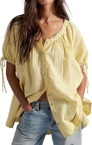Womens Gingham Tunic Casual Puff Sleeve Pleated Scoop Neck Button Down Shirts Summer Tops Loose Flowy Babydoll Blouse in Saudi Arabia