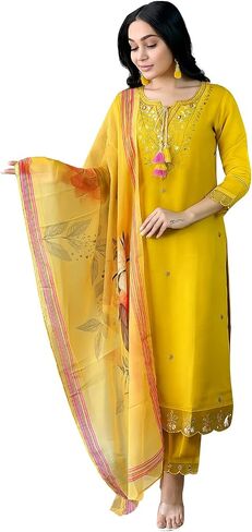 Indian Women's Mustard Chanderi Silk Embroidered Kurta with Pant and Dupatta Set in Kuwait