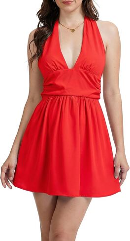 Women's Halter Neck Backless Mini Dress - Sexy Deep V Neck Chiffon Flowy Party Dress for Going Out Date Night in Kuwait