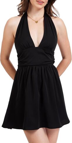 Women's Halter Neck Backless Mini Dress - Sexy Deep V Neck Chiffon Flowy Party Dress for Going Out Date Night in Kuwait