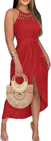 CHICME Womens Summer Halter Ruched Bodycon Long Dresses Hollow Out A Line Eyelet Embroidery & Side Slit Vacation Tank Dress in Kuwait