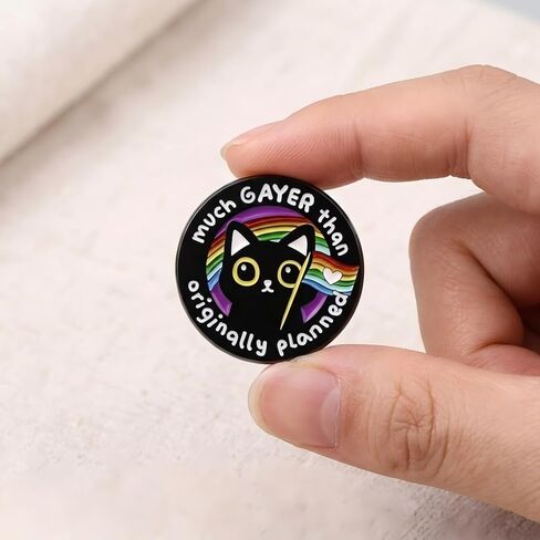 Funny Black Cat Enamel Pin - LGBT Gayer Pride Pins Brooch for backpack, jackets, Hats with "much GAYER than originally planned". Cartoon Animal Brooches Gift for Friends in Saudi Arabia