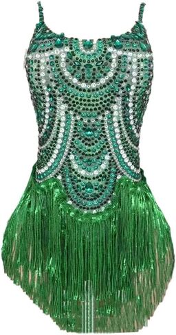 Pulcykp Women Bright Dance Music Festival Costume Spaghetti Straps Rhinestone Sexy Fringe Latin Dance Dress in Saudi Arabia
