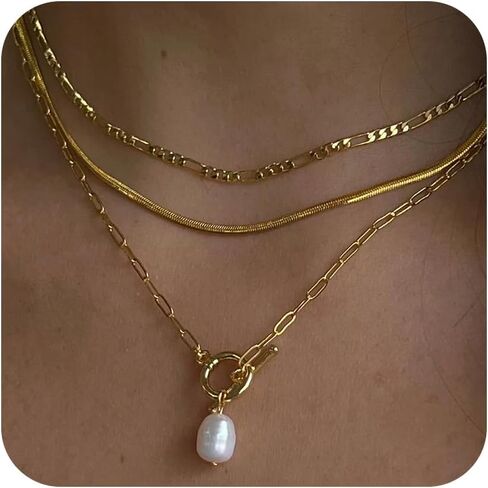 Layered Gold Necklaces for Women, Dainty 14K Gold Plated Cute Pearl Pendant Necklace Jewelry Set Stackable Toggle Chain Choker Collar, Trendy Waterproof Non Tarnish Jewelry Gift in Saudi Arabia
